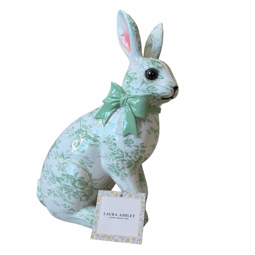 Laura Ashley Green Floral Easter Bunny Rabbit w/Bow 12" Ceramic Spring Decor NEW